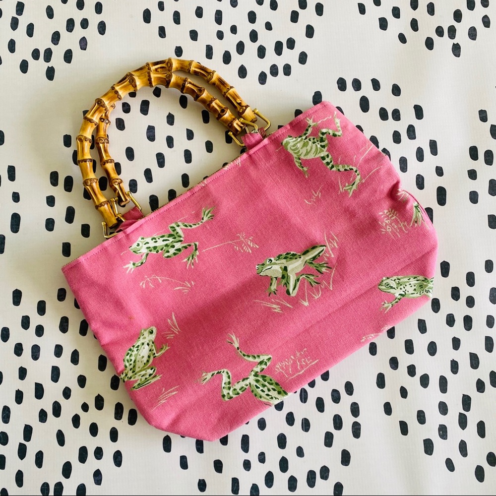 Vintage Bamboo Handled Frog Purse Pink Green